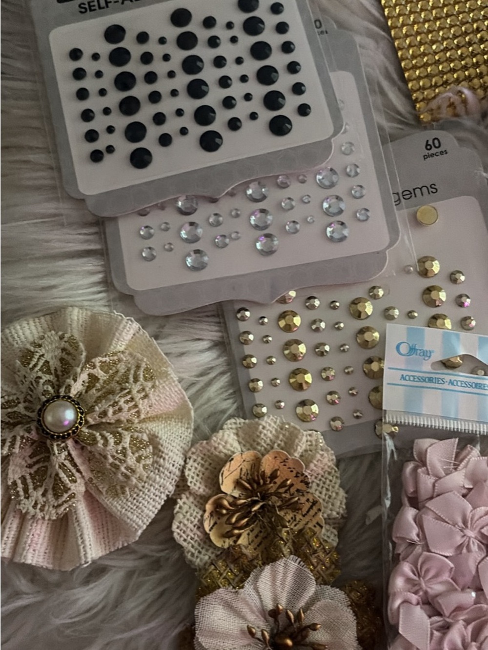 OFRA Pink Fabric Flower Embellishments with Gold Accents and Pearl Center